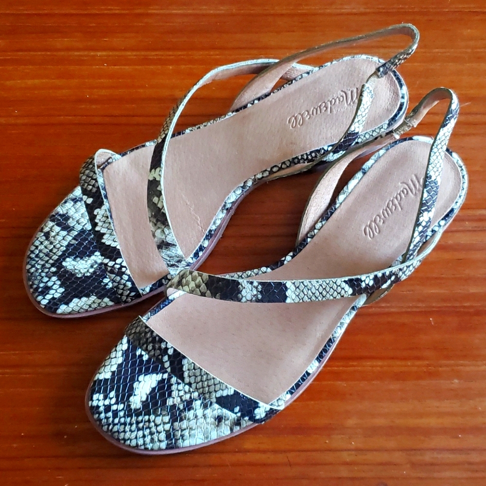 Madewell Heidi snake embossed slingback sandles.